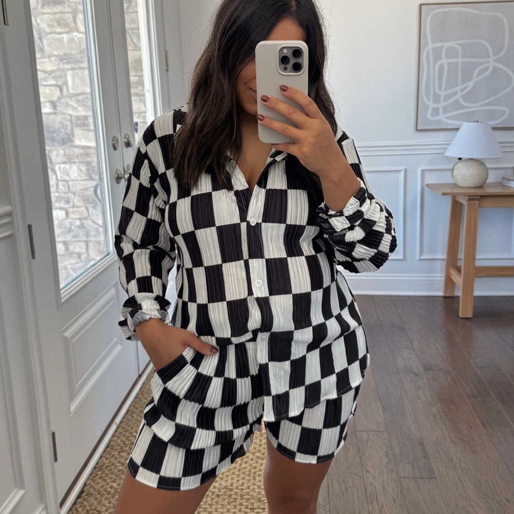 Charli Checkered Plissé Set - BLACK/WHITE